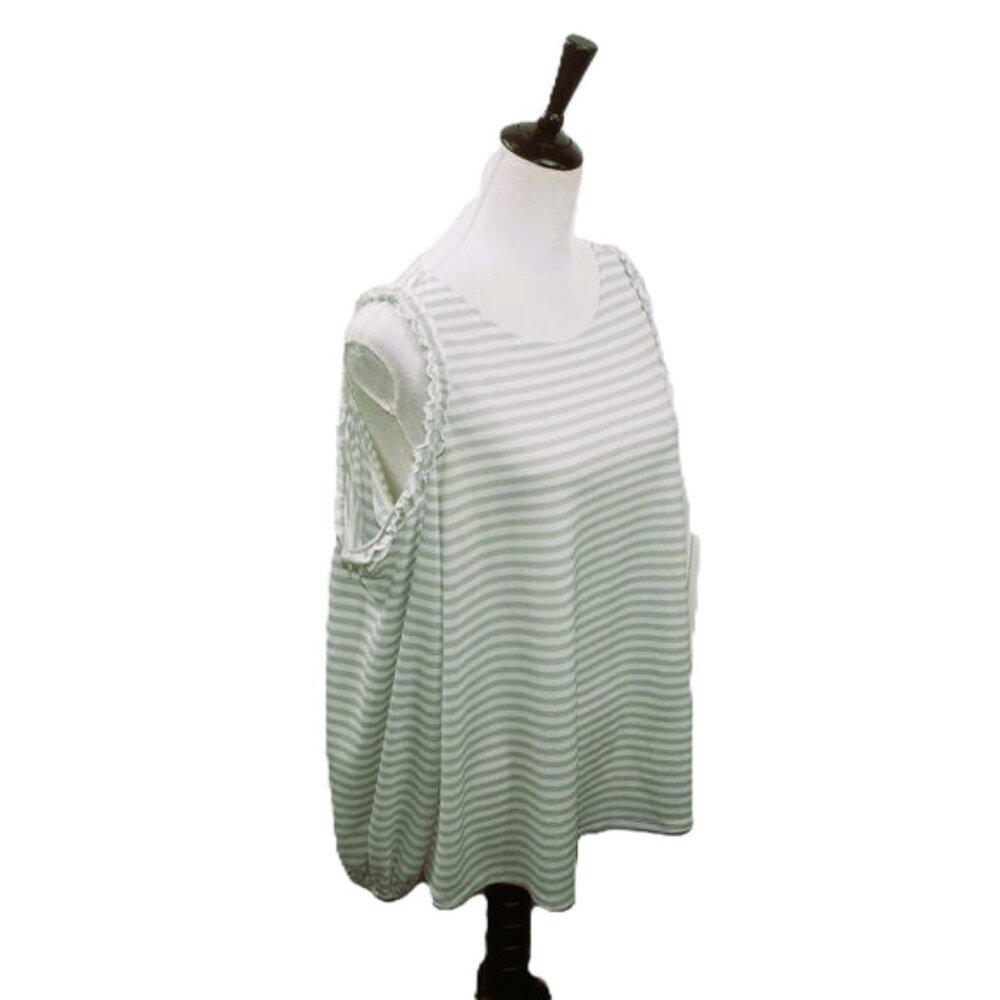 LC Lauren Conrad Green/White Stripe Cold Shoulder Blouse/Top Size Large